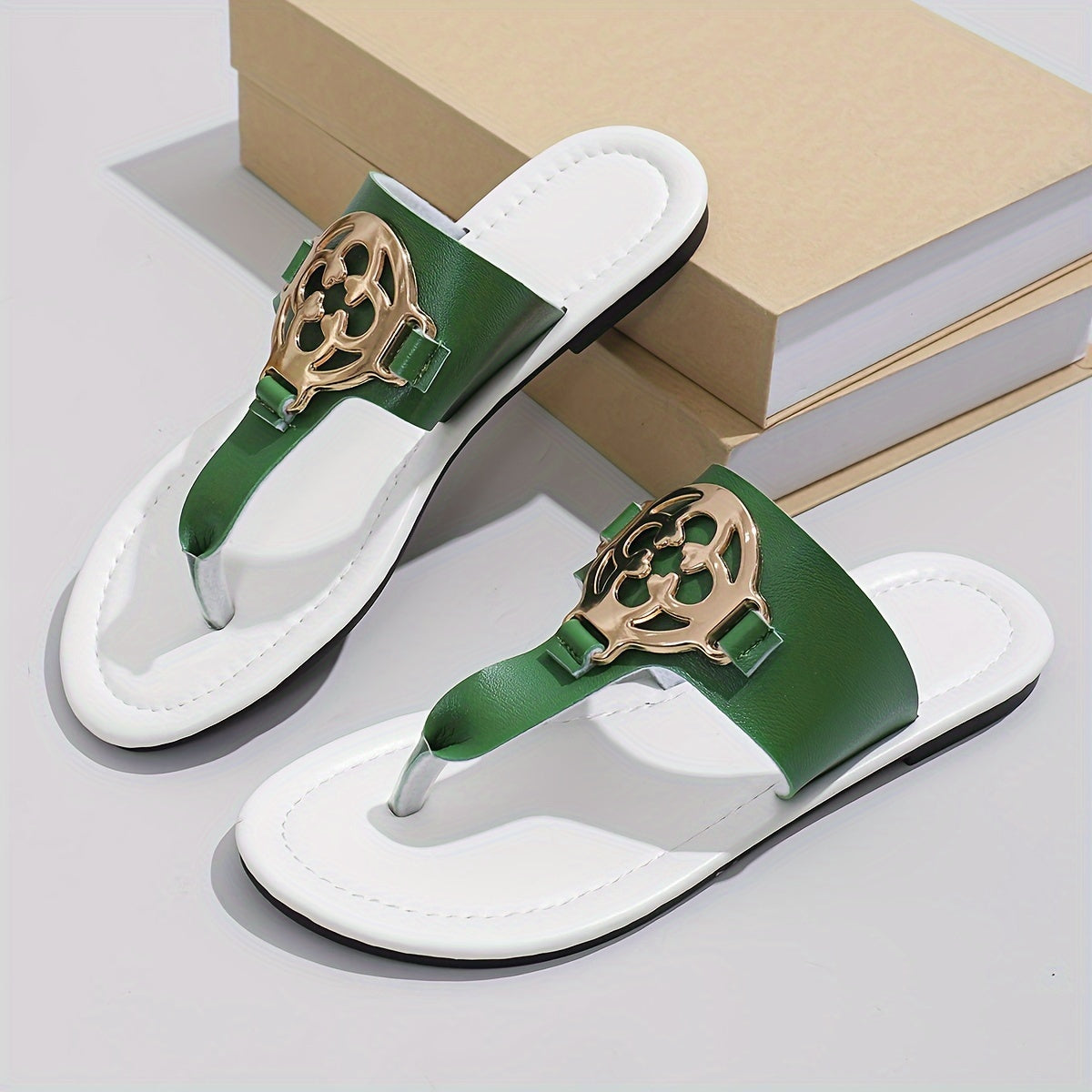 Shimmering Womens Metallic Buckle Flip Flops - Lightweight Slip-On Soft Sole Slides - Perfect for Summer Beach Casual Wear